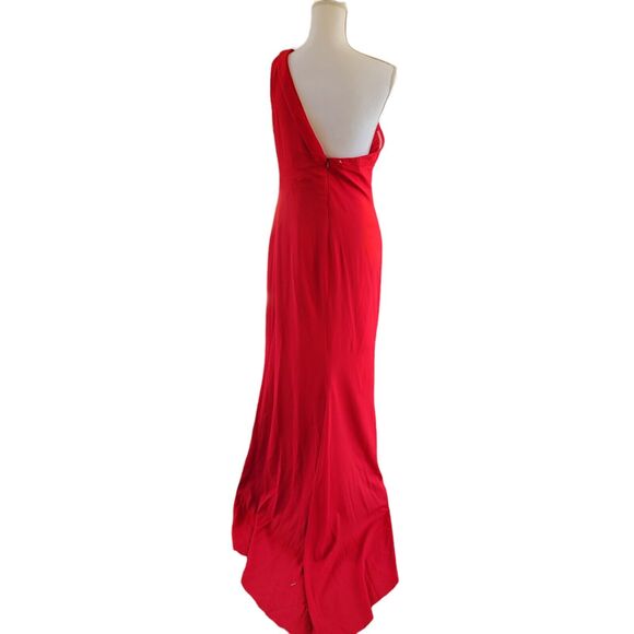 Badgley Mischka Collection Formal Gown Size 10 Red One Shoulder High Low Hem - Picture 3 of 13